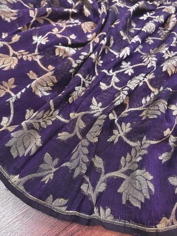 Handmade Purple Color Linen Jamdani Saree with Muted Gold Zari Weave - Kaash