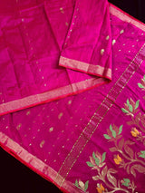 Handmade Rani Pink Bengal Silk Cotton Saree with Floral Pallu - Kaash