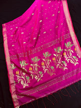 Handmade Rani Pink Bengal Silk Cotton Saree with Floral Pallu - Kaash