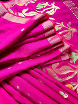 Handmade Rani Pink Bengal Silk Cotton Saree with Floral Pallu - Kaash