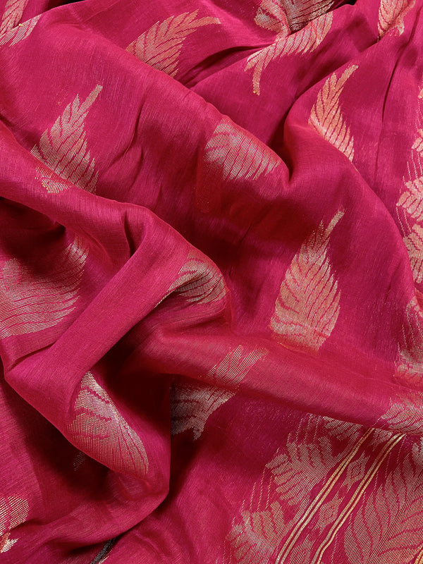 Handmade Rani Pink Color Linen blend with Cotton Silk Handloom Saree with Zari Weave - Kaash