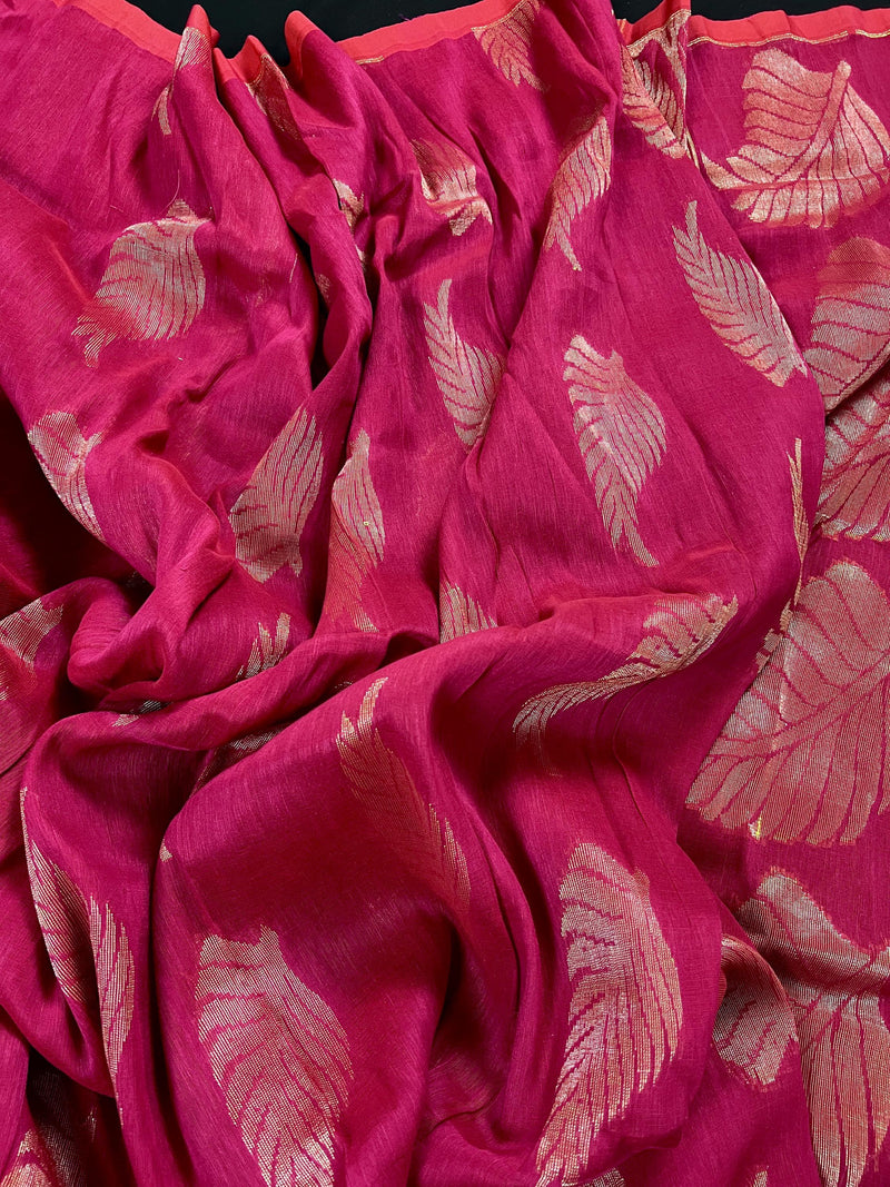 Handmade Rani Pink Color Linen blend with Cotton Silk Handloom Saree with Zari Weave - Kaash