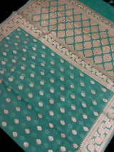 Sea Blue Kora Banarasi saree in banarasi kora silk with muted gold zari handwoven on kora — Kaash Collection