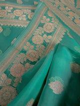 Sea Blue Kora Banarasi saree in banarasi kora silk with muted gold zari handwoven on kora — Kaash Collection