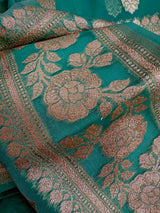Sea Blue Kora Banarasi saree in banarasi kora silk with muted gold zari handwoven on kora — Kaash Collection