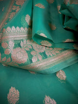 Sea Blue Kora Banarasi saree in banarasi kora silk with muted gold zari handwoven on kora — Kaash Collection
