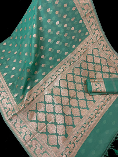Sea Blue Kora Banarasi saree in banarasi kora silk with muted gold zari handwoven on kora — Kaash Collection