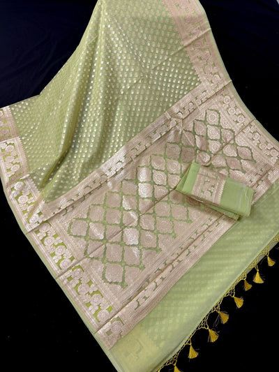 Sea Green Kora Banarasi saree in banarasi kora silk with small buttis in muted gold zari on kora — Kaash Collection