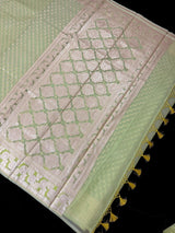 Sea Green Kora Banarasi saree in banarasi kora silk with small buttis in muted gold zari on kora — Kaash Collection