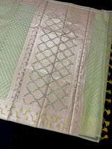 Sea Green Kora Banarasi saree in banarasi kora silk with small buttis in muted gold zari on kora — Kaash Collection