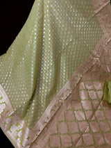 Sea Green Kora Banarasi saree in banarasi kora silk with small buttis in muted gold zari on kora — Kaash Collection