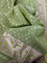 Sea Green Kora Banarasi saree in banarasi kora silk with small buttis in muted gold zari on kora — Kaash Collection