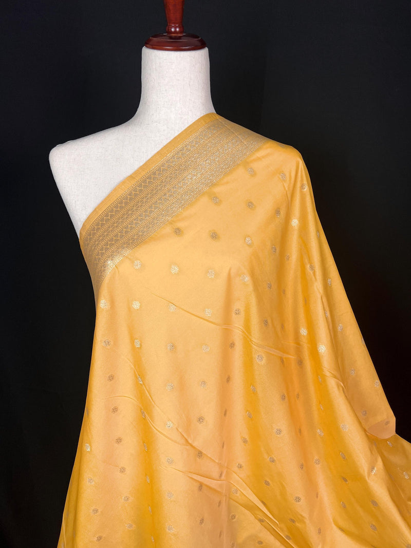 Handmade Soft Banarasi Silk Zari Weaved Mango Yellow Color Dupatta with Koniya design and Small buttis | Indian Dupatta | Stole | Scarf - Kaash