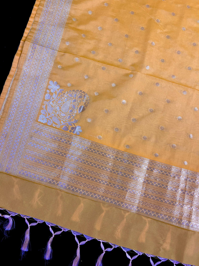 Handmade Soft Banarasi Silk Zari Weaved Mango Yellow Color Dupatta with Koniya design and Small buttis | Indian Dupatta | Stole | Scarf - Kaash