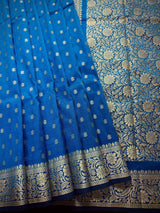 Teal Blue Banarasi saree in soft silk with muted gold resham zari weave — Kaash Collection