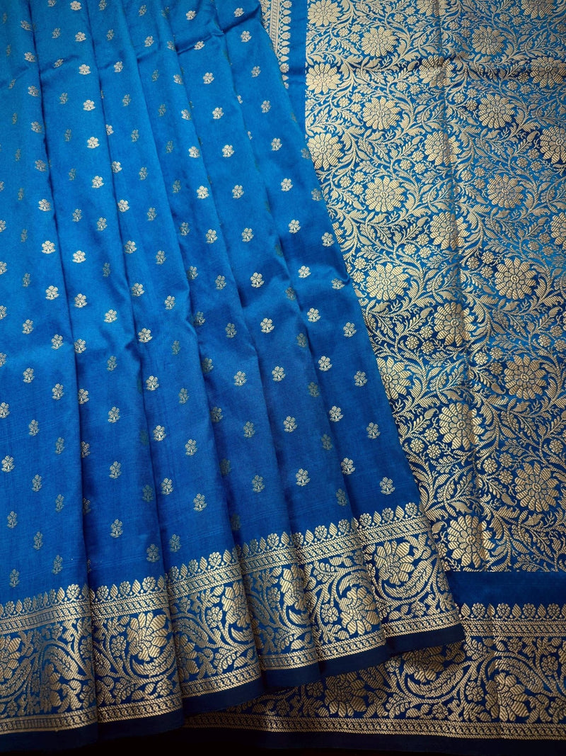 Teal Blue Banarasi saree in soft silk with muted gold resham zari weave — Kaash Collection
