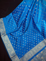 Teal Blue Banarasi saree in soft silk with muted gold resham zari weave — Kaash Collection
