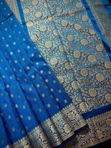 Teal Blue Banarasi saree in soft silk with muted gold resham zari weave — Kaash Collection