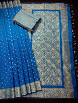 Teal Blue Banarasi saree in soft silk with muted gold resham zari weave — Kaash Collection