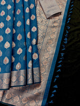 Handmade Teal Color Pure Banarasi Cotton Silk Saree with Antique Copper Zari Weave, Meenakari - Kaash