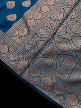Handmade Teal Color Pure Banarasi Cotton Silk Saree with Antique Copper Zari Weave, Meenakari - Kaash