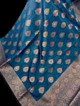 Handmade Teal Color Pure Banarasi Cotton Silk Saree with Antique Copper Zari Weave, Meenakari - Kaash