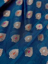 Handmade Teal Color Pure Banarasi Cotton Silk Saree with Antique Copper Zari Weave, Meenakari - Kaash