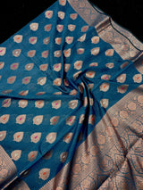 Handmade Teal Color Pure Banarasi Cotton Silk Saree with Antique Copper Zari Weave, Meenakari - Kaash