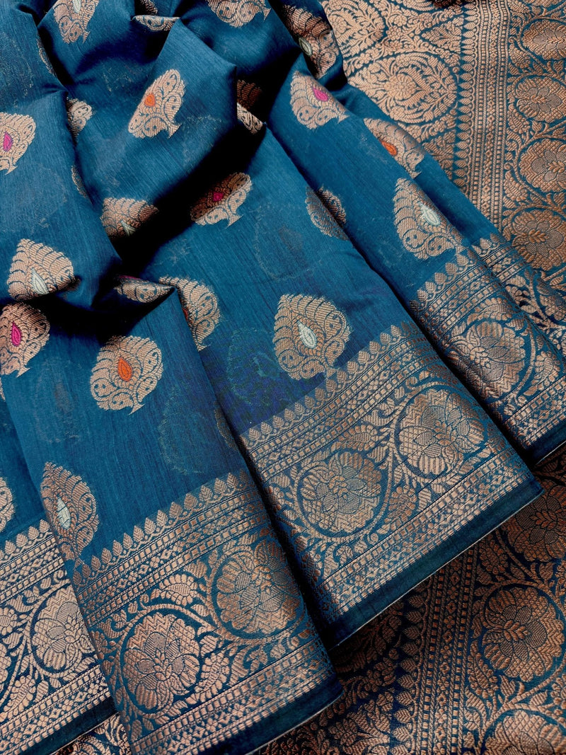 Handmade Teal Color Pure Banarasi Cotton Silk Saree with Antique Copper Zari Weave, Meenakari - Kaash