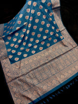 Handmade Teal Color Pure Banarasi Cotton Silk Saree with Antique Copper Zari Weave, Meenakari - Kaash