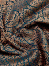 Handmade Teal Color Pure Banarasi Cotton Silk Saree with Antique Copper Zari Weave, Meenakari - Kaash