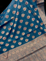 Handmade Teal Color Pure Banarasi Cotton Silk Saree with Antique Copper Zari Weave, Meenakari - Kaash