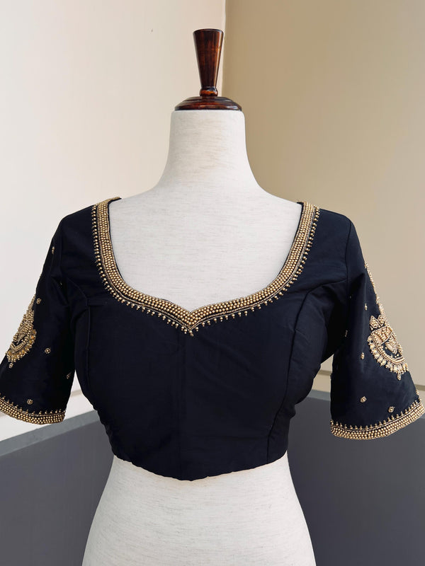 Handwork Designer Black Readymade Blouse with Gold Zari | Bird Motifs | Ready to Wear Blouses Blouse | Stitched Blouse - Kaash