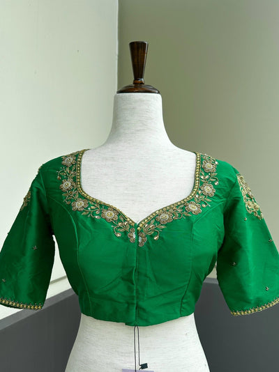 Handwork Designer Green Color Readymade Blouse with Gold Zari - Kaash