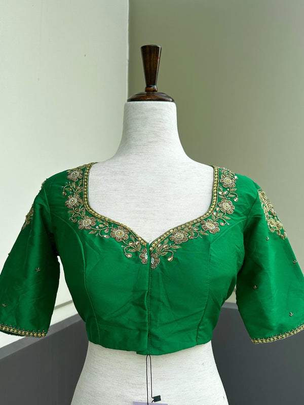 Handwork Designer Green Color Readymade Blouse with Gold Zari | Ready to Wear Blouses Blouse | Stitched Blouse - Kaash