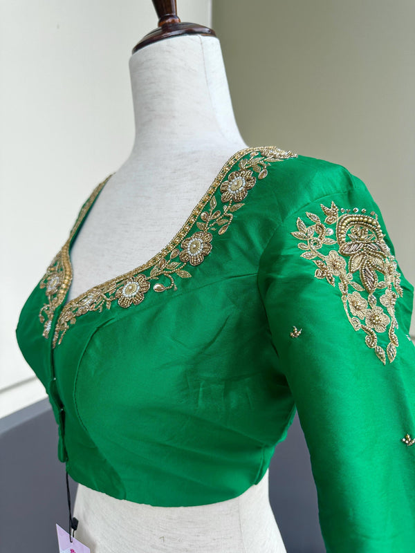 Handwork Designer Green Color Readymade Blouse with Gold Zari | Ready to Wear Blouses Blouse | Stitched Blouse - Kaash