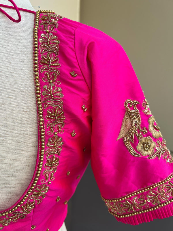 Handwork Designer Hot Pink Readymade Blouse with Gold Zari | Bird Motifs | Ready to Wear Blouses Blouse | Stitched Blouse - Kaash