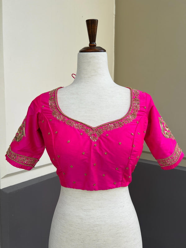 Handwork Designer Hot Pink Readymade Blouse with Gold Zari | Bird Motifs | Ready to Wear Blouses Blouse | Stitched Blouse - Kaash