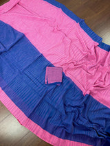 Baby Pink & Blue Bengal Half-and-Half saree in bengal handloom cotton with half-and-half bengal handloom design — Kaash Collection