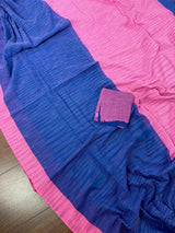 Baby Pink & Blue Bengal Half-and-Half saree in bengal handloom cotton with half-and-half bengal handloom design — Kaash Collection