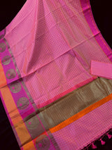 Peach Pink Dual-Tone Check saree in banarasi cotton silk with handwoven check with antique zari — Kaash Collection