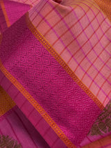 Peach Pink Dual-Tone Check saree in banarasi cotton silk with handwoven check with antique zari — Kaash Collection