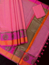 Peach Pink Dual-Tone Check saree in banarasi cotton silk with handwoven check with antique zari — Kaash Collection