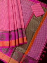 Peach Pink Dual-Tone Check saree in banarasi cotton silk with handwoven check with antique zari — Kaash Collection