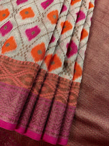 Handwoven Maheshwari Cotton Silk Saree in Ivory Color with Antique Gold Zari Weave with Banarasi Borders and Meenakari - Kaash