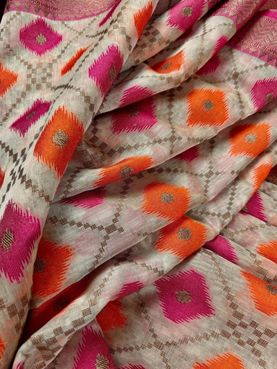 Handwoven Maheshwari Cotton Silk Saree in Ivory Color with Antique Gold Zari Weave with Banarasi Borders and Meenakari - Kaash