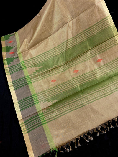 Silk Mark Certified Greenish Gold Pure Tussar Tissue saree in pure tussar tissue with temple borders on tussar tissue — Kaash Collection