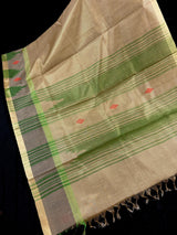 Handwoven Statement Greenish Gold Pure Pure Tussar Tissue Saree with Temple Border - Kaash