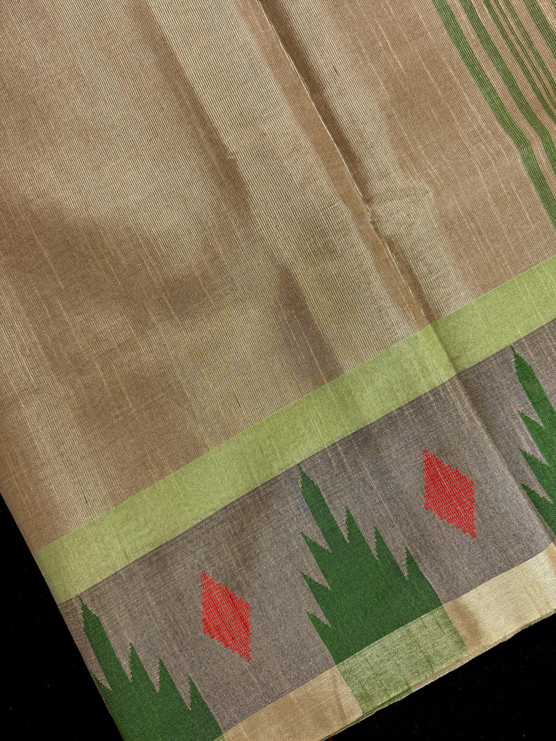 Handwoven Statement Greenish Gold Pure Pure Tussar Tissue Saree with Temple Border - Kaash