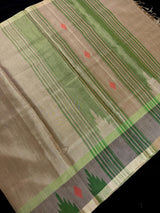 Handwoven Statement Greenish Gold Pure Pure Tussar Tissue Saree with Temple Border - Kaash